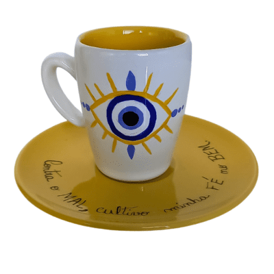 Xícara com Pires – Olho Grego “Contra o mal, cultivo minha fé no bem” – Café Expresso