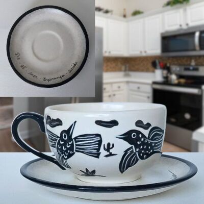 Caneca Para Chá 300ml e Pires – Tema Xilogravura – “Paz / Fé / Amor / Esperança / Saúde”