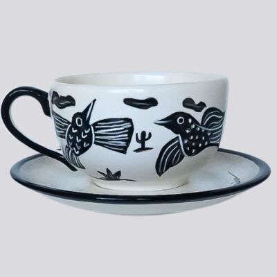 Caneca Para Chá 300ml e Pires – Tema Xilogravura – “Paz / Fé / Amor / Esperança / Saúde”