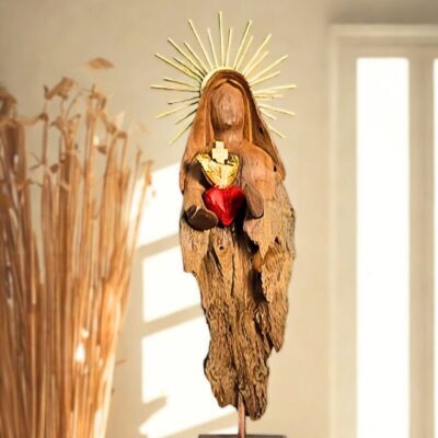 Sagrado Coração de Maria 50cm – Escultura em Tronco de Madeira