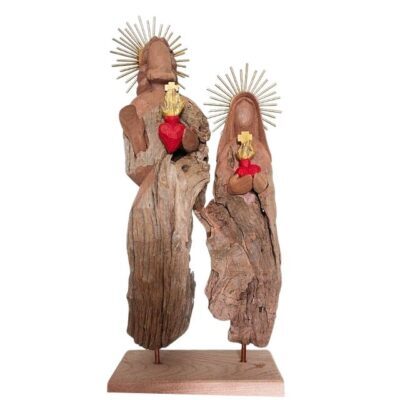 Sagrado Coração de Jesus e Maria 71cm – Escultura em Tronco de Madeira
