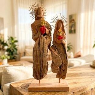 Sagrado Coração de Jesus e Maria 71cm – Escultura em Tronco de Madeira