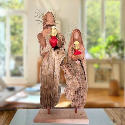 Sagrado Coração de Jesus e Maria 71cm – Escultura em Tronco de Madeira